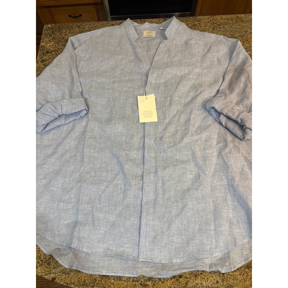 NWT Murano Baird McNutt Mens 3XB Light Blue 100% Linen Band Collar Shirt Summer